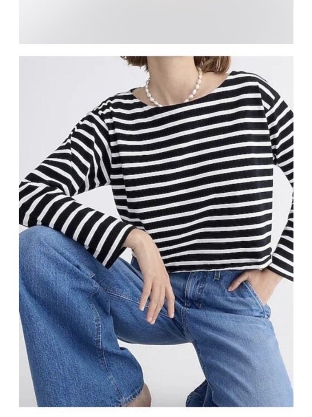 J.Crew Classic Black And White Striped Bow Neck Long Sleeve Cotton Top L